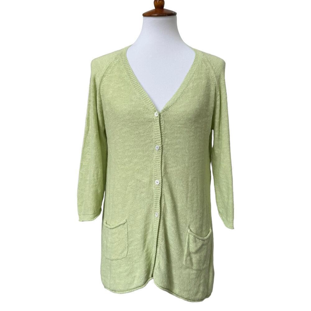 🍀Habitat Womens Cardigan Sweater Green Long Sleeve Button Pockets Linen Blend XL